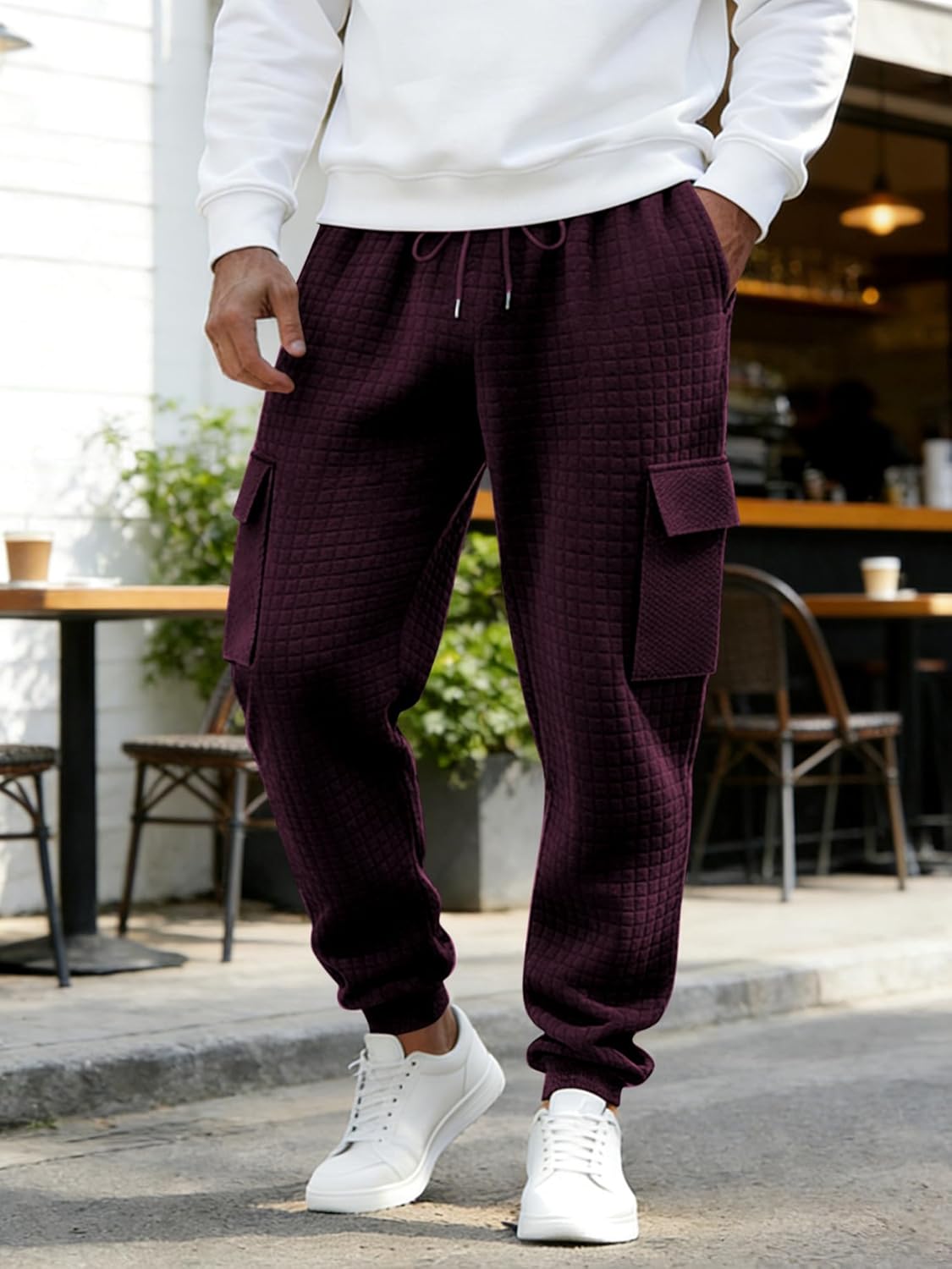 Mens Sweatpants Waffle Knit Pants Elastic Waist Drawstring Jogger Sweatpants with Pockets - Image 3