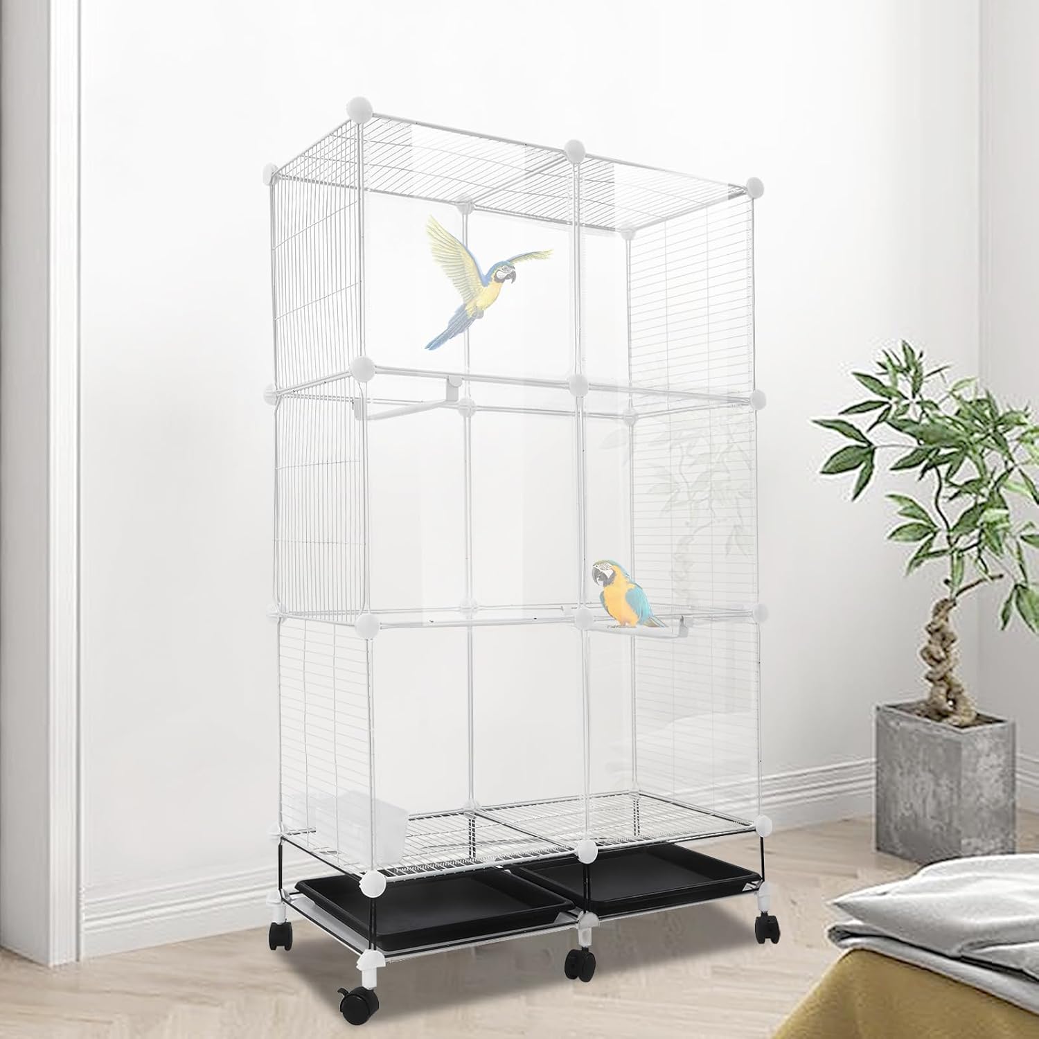 49 Inch 3-Tier Big Bird Cage with Food & Water Bowls Parakeet Bird Cage with Stand, Wheels Metal Birdcage Parrot Cage for Parakeet, Lovebirds, Ringneck, Cockatiels (Clear, 3-Tier-Roofless)