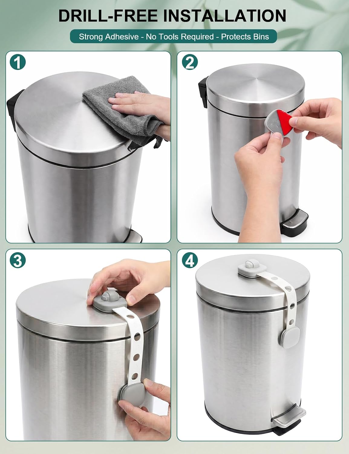 LynxLink Gray Trash Can Lock Strap 2 Pack - Dual Button Child Proof Garbage Can Lid Lock for Kitchen & Bathroom - Strong Adhesive Dog Proof Trash Can