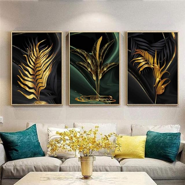 Bzdmly Nordic Modern Gold and Green Leaves Fashion Style Canvas Painting Posters Prints Wall Art Picture for Living Room Decor No Frame-40x50cmx3
