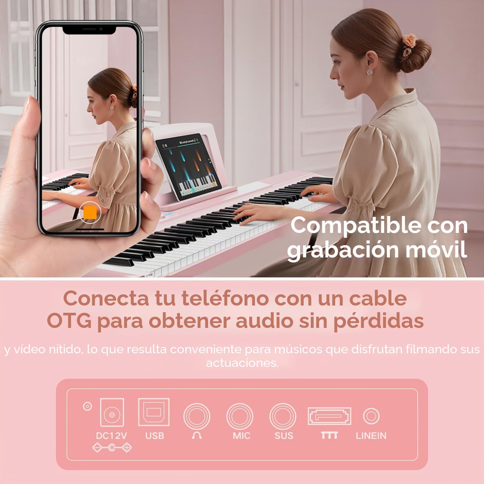 TERENCE Piano Electrico 88 Teclas Teclado Dinámico Pesado 2 Altavoces de 15W Panel Táctil Sensible Función de Grabación de Video y Audio Integrada Soporte para Auriculares y Altavoces Externos Rosa