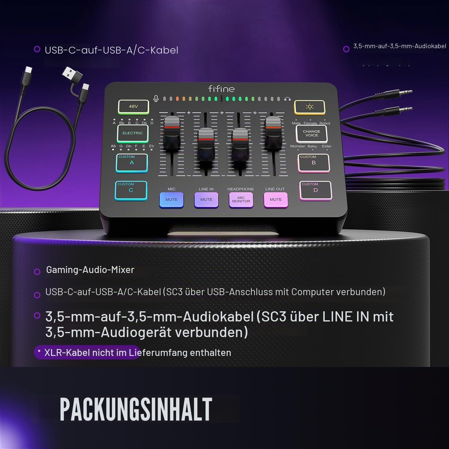 FIFINE Gaming Audio Mixer, Streaming RGB PC Mixer mit XLR Mikrofon Schnittstelle, Individuelle Steuerung, Volume Fader, Stummschalttaste, 48V Phantomspeisung, für Podcast/Aufnahme/Gesang/Spiel