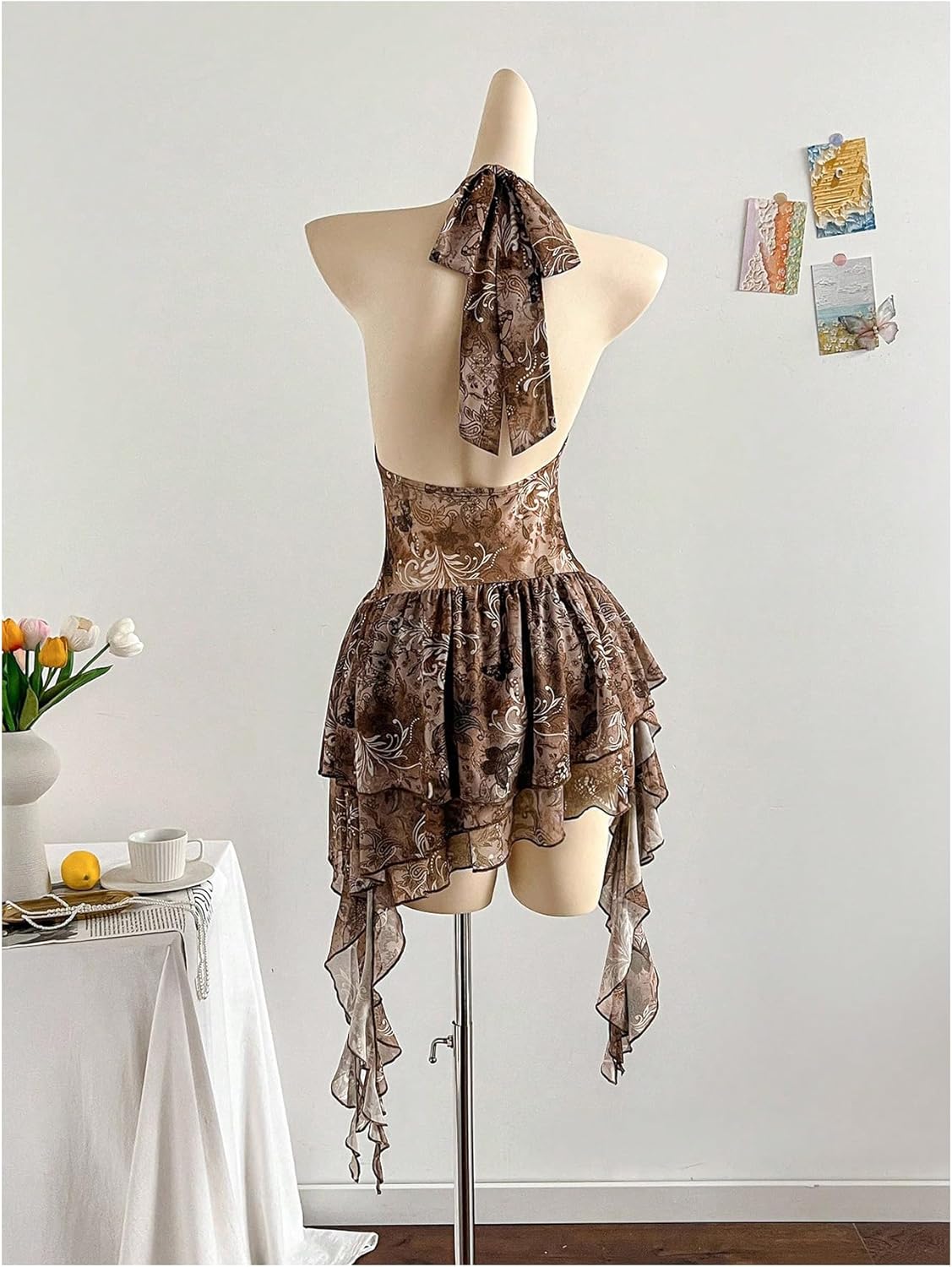 SHENHE Women's Y2k Floral Halter Dress V Neck Boho Mesh Ruched Ruffle Hem Flowy Asymmetrical Mini Dresses - Image 7