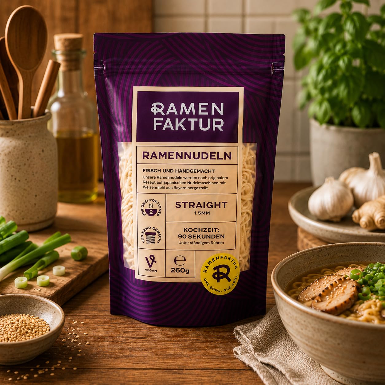 Ramenfaktur Ramen Nudeln Straight - Frische japanische Weizennudeln, handgemacht in Bayern, vegan, für authentische Ramen-Suppen, 8 x 260g Beutel