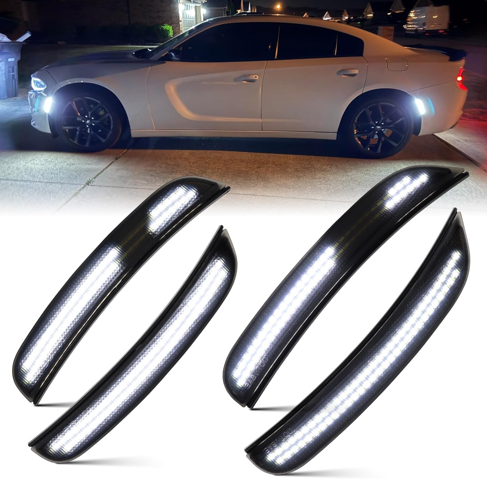 Dynamic White LED Side Marker Lights for Dodge Charger 2015 2016 2017 2018 2019 2020 2021 2022 2023 2024, Smoked Lens Front Rear Charger Bumper Reflector Lamp, 4PCS