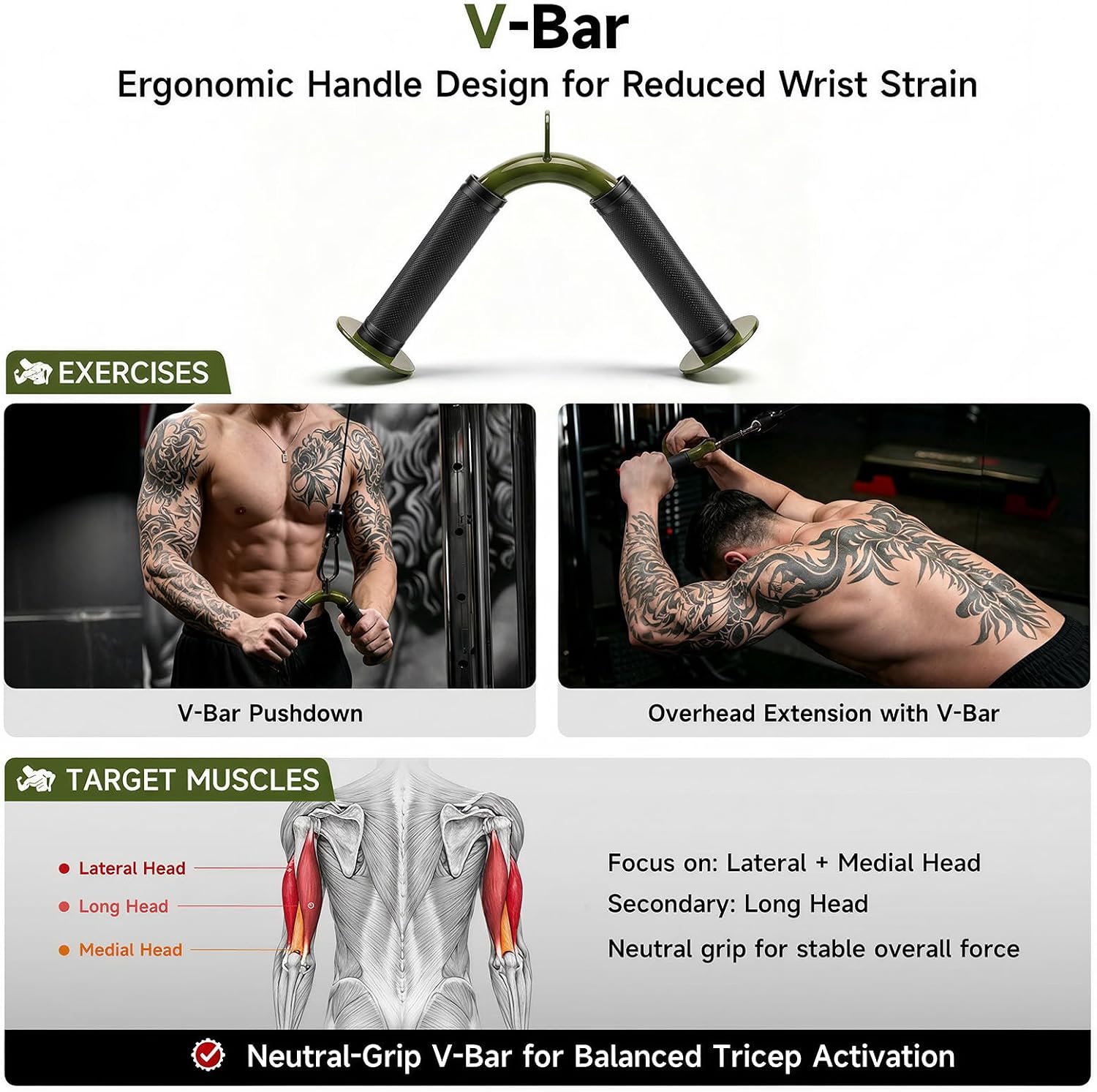 MANUEKLEAR 3PC Tricep Rope Cable Attachments Set for Full Arm Workout, Cable Machine Attachments with Non-Slip Grips, Anti-Rust Cable Attachments for Gym
