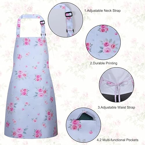 Miniatura 3 de Delantales florales para mujer, delantal de chef ajustable impermeable con 2 bolsillos, delantales de flores para cocinar