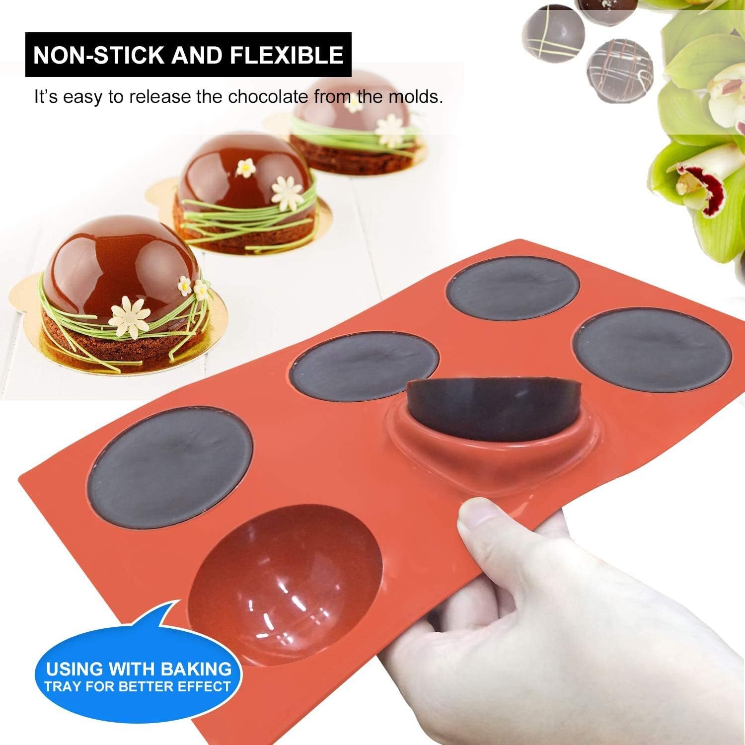 Large 6 Holes Semi Sphere Silicone Mold, Baking Mold for Making Chocolate, Cake, Jelly, Dome Mousse (2 PACKS)