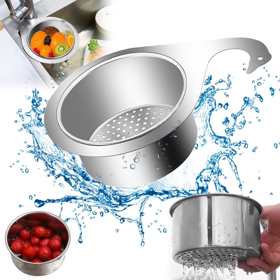 Cestello per Lavello a Forma di Cigno in Acciaio Inox, Cestino di Scarico da Multifunzionale Appendere per Lavello da Cucina,per Filtrare i Rifiuti Cucina e Lavare Frutta Verdura (1)