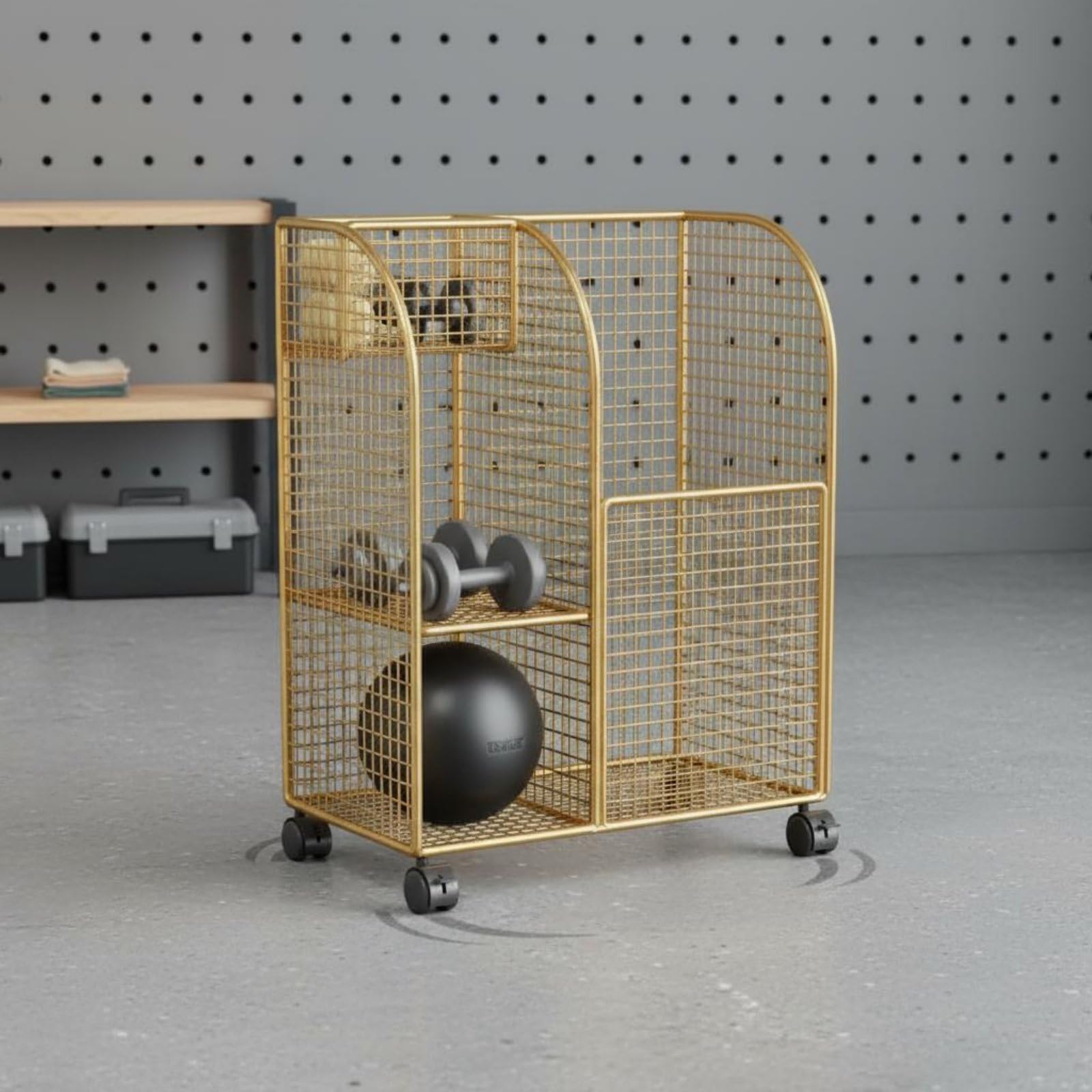 Baoblaze Mobile Basket Carrello Contenitore Palestra Portatappeti Portacorda Struttura in Ferro a Maglia con Ruote Scorrevoli E Scomparti Separati Adatto per Benessere, Oro