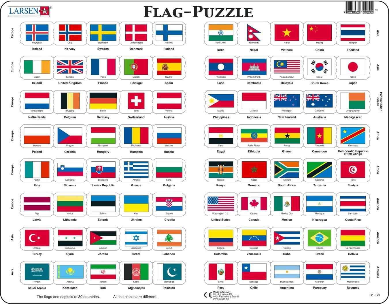 Larsen L2 Country Flags Jigsaw Puzzle - 80 Pieces - Educational Geography Puzzle for Kids 7+ - Quiz Style, Boxless Tray & Frame