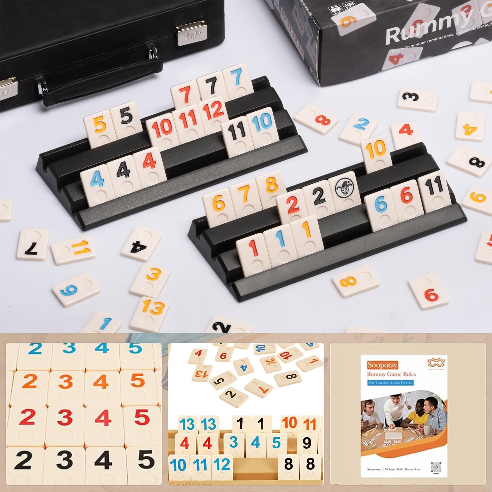 Set de Rummy pour Voyage - Jeu de Société Classique avec 114 Tuiles Premium & 4 Supports, Jeu de Plateau Portable pour 2-4 Joueurs, Adultes et Amateurs de Stratégie (Noir)