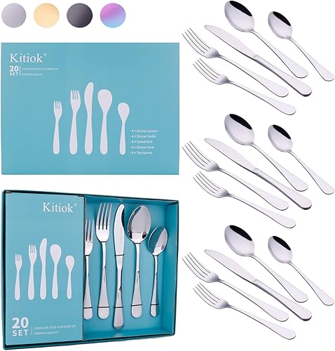 Miniatura 1 de Kitiok - Juego de 20 cubiertos plateados para 4, utensilios de cocina de acero inoxidable, cubiertos de restaurante, hogar, fiesta, pulido con