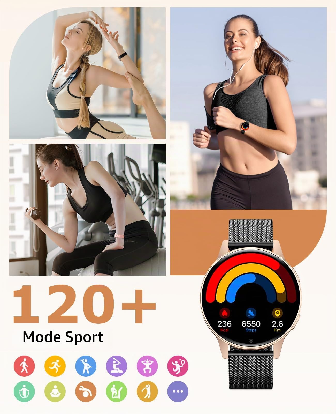 2025 Montre Connectée Femme avec SIRI/ET/HR, 1.27" TFT Smartwatch avec Appel Bluetooth Cardiofréquencemètre 120+ Modes Sport Montre IP68 Fitness Podomètre pour Android iOS (Or Noir)