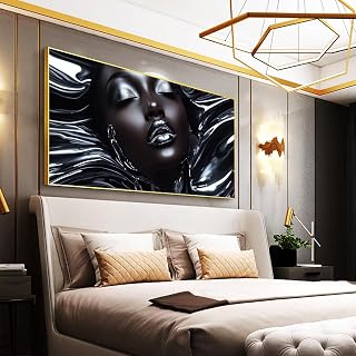 Woman Lips Canvas Wall Art, African Lady Lips Painting, Black Girl Canvas Wall Art, Metallic Lips Canvas Print, Abstract Fashion Wall Art, Makeup Studio Decor, Living Room Wall Art (Gold Framed, 55"x27" | 140x70cm)