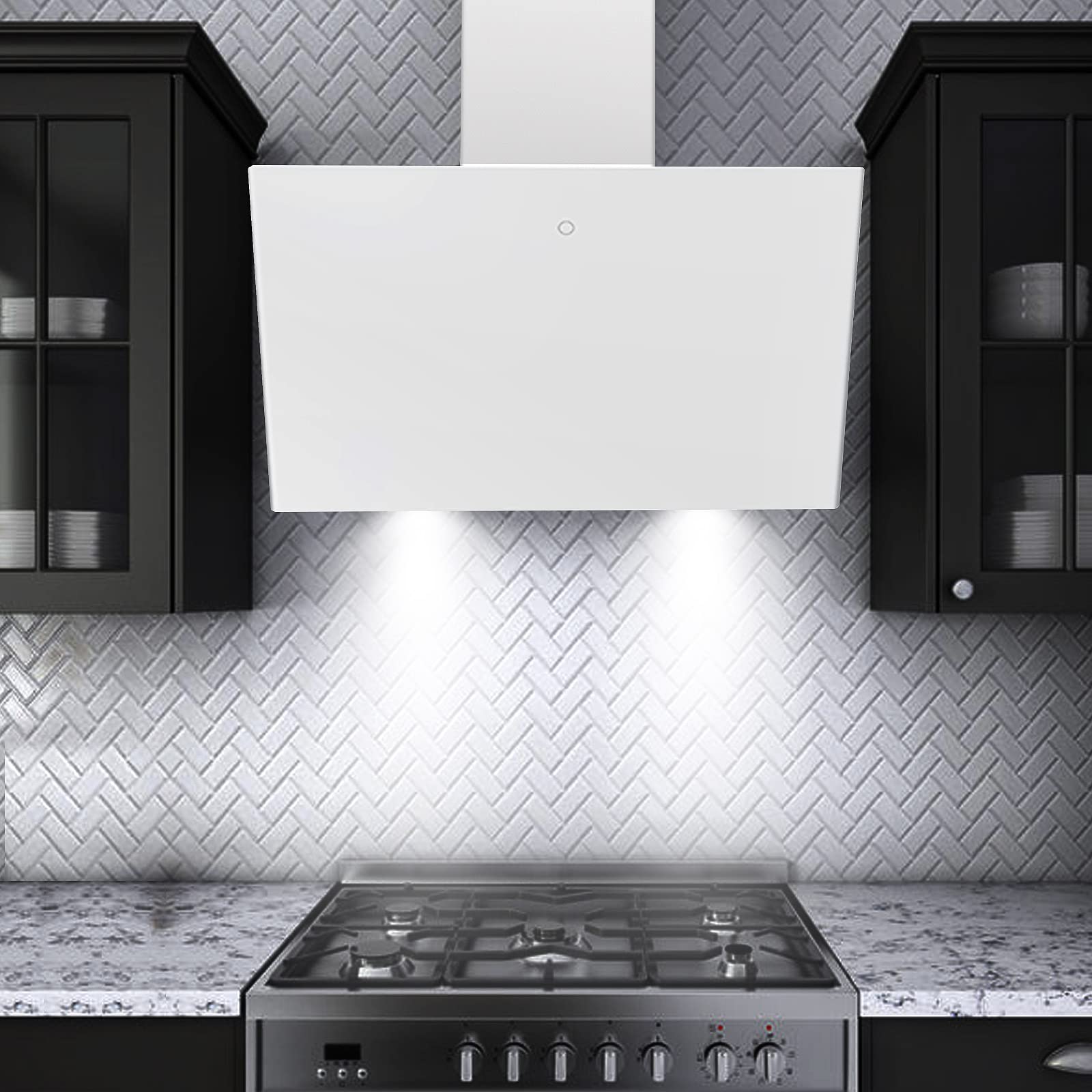 SNDOAS Campana Extractora 60cm, 700 m³/h Campanas Extractoras Cocina Silenciosa, 3 Velocidades de Potencia, Dos Modos de Ventilación, Función de Apagado Retardada, Vidrio Blanco