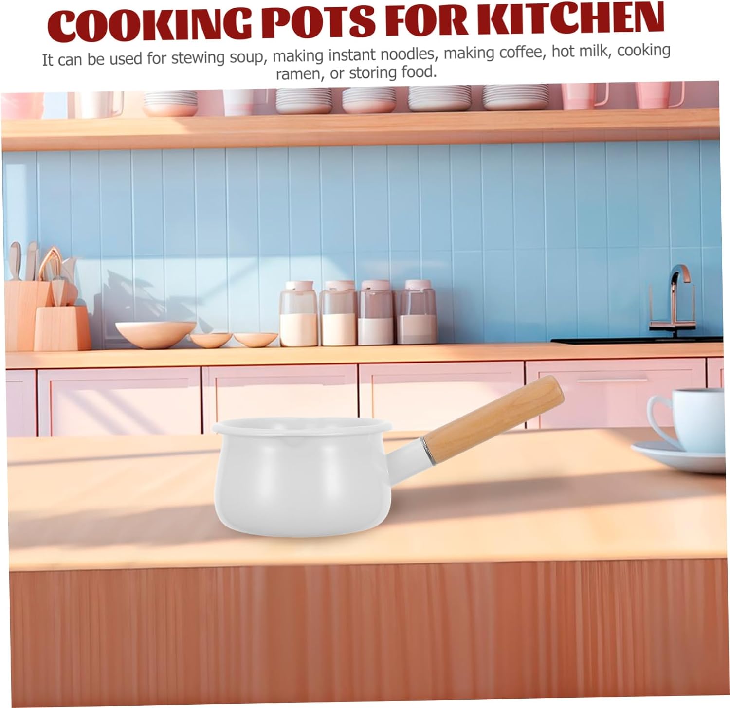 Enamel Saucepan Wooden Handle 1-Piece Small Milk Pot for Baby Food Household Stockpot Non-Toxic Enamel Cookware Suitable for Cooking Soups and Baby Meals