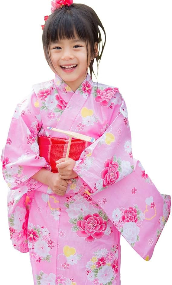 Amazon 1cm ピンク地に芍薬とハート 浴衣 子供 セット なでしこ キッズ女の子浴衣3点セット 着物 浴衣 通販