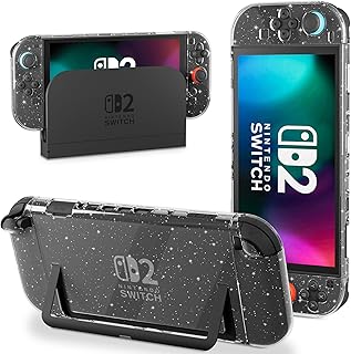 [改良版] グリッター スイッチ 2 ケース ドッキング可能、超薄型保護カバースキン Nintendo Switch 2 2025コンソール対応 透明 ハードシェル イージードッキング 充電ドック