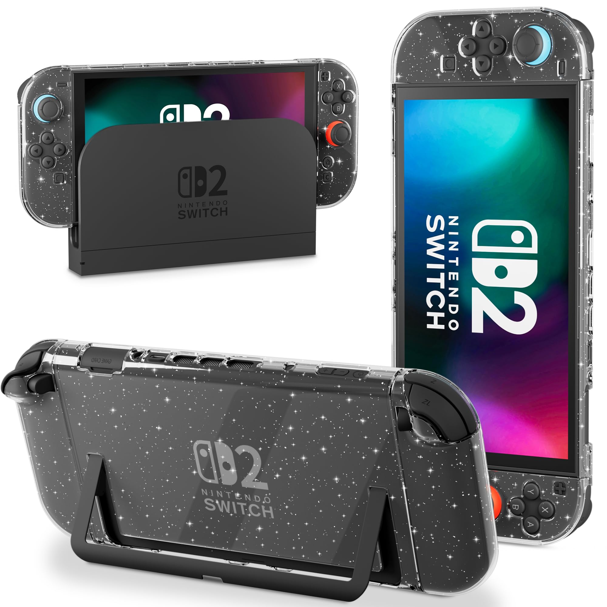 PAWDIARY [改良版] グリッター スイッチ 2 ケース ドッキング可能、超薄型保護カバースキン Nintendo Switch 2 2025コンソール対応 透明 ハードシェル イージードッキング 充電ドック