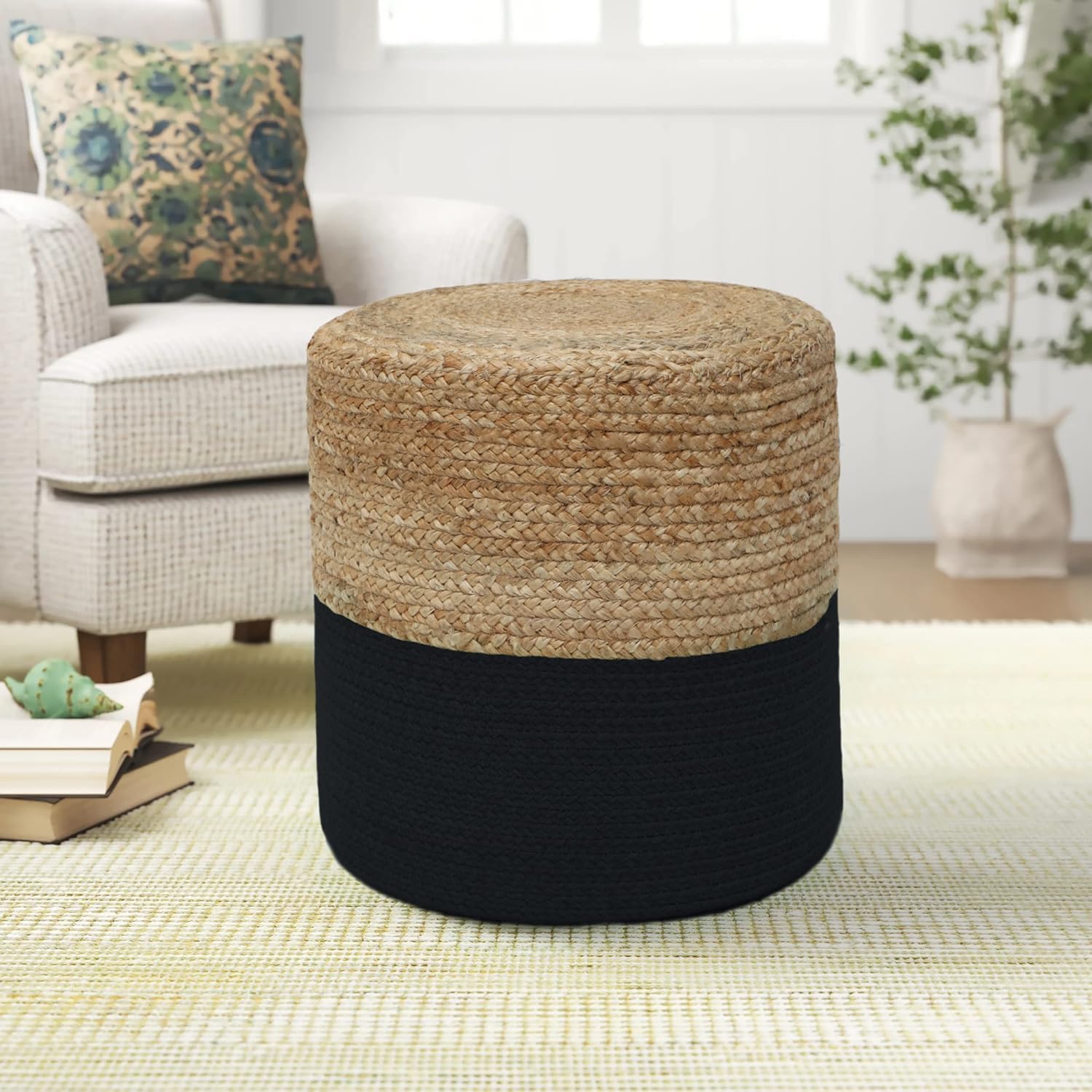THE HOME TALK Ottoman Pouf | Hand-Braided |100% Jute | Large Funiture Pouf | Footrest, Bean Bag, Floor Chair | Great for The Living Room, Bedroom & Kid?s Room | 18 x 18x 16 Inch | Natural Black