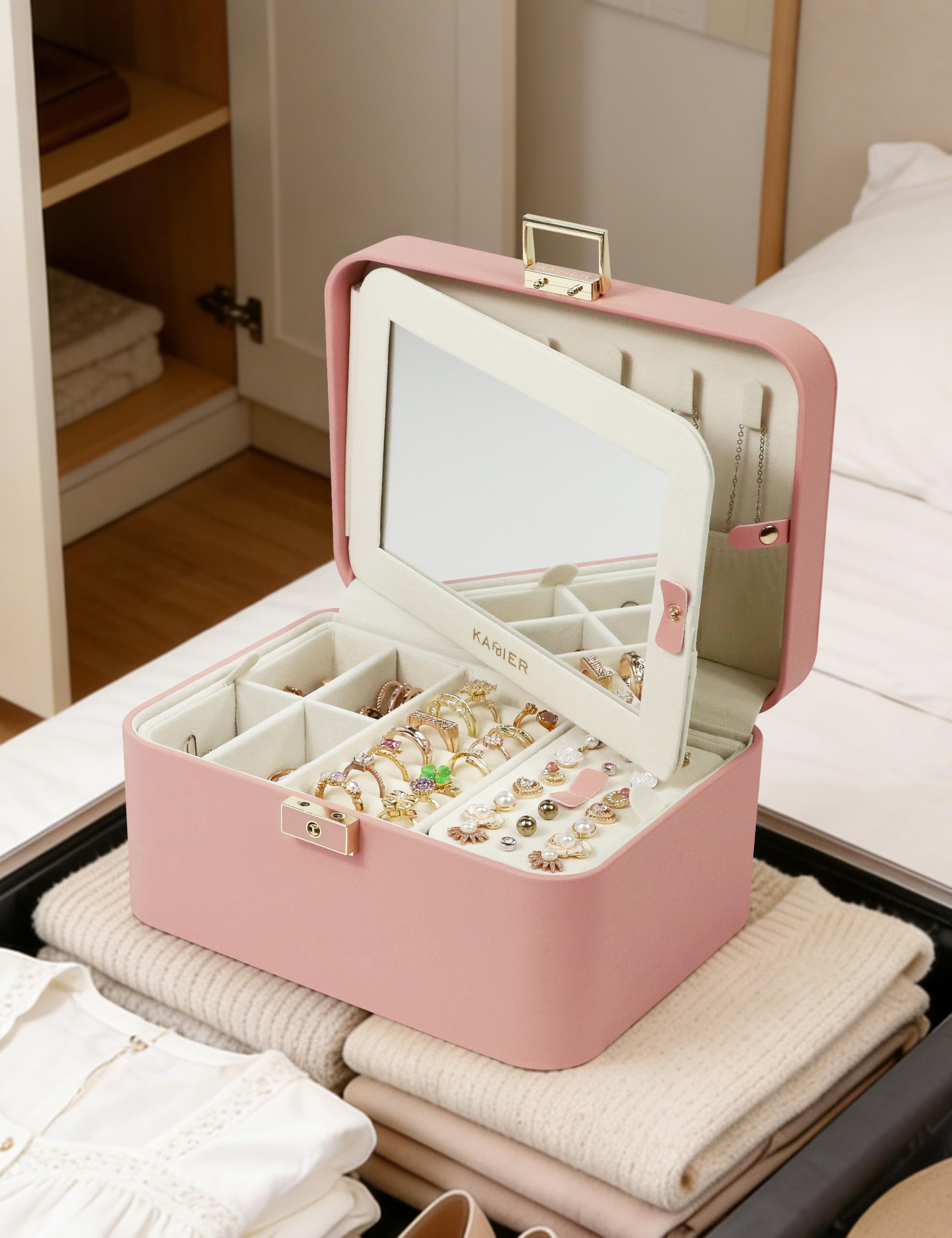 KAMIER Boîte à bijoux pour femme – Organiseur à bijoux à 2 couches, grand organisateur en cuir synthétique, avec serrure et crochets cachés miroir, séparateurs amovibles, rose, fête des mères