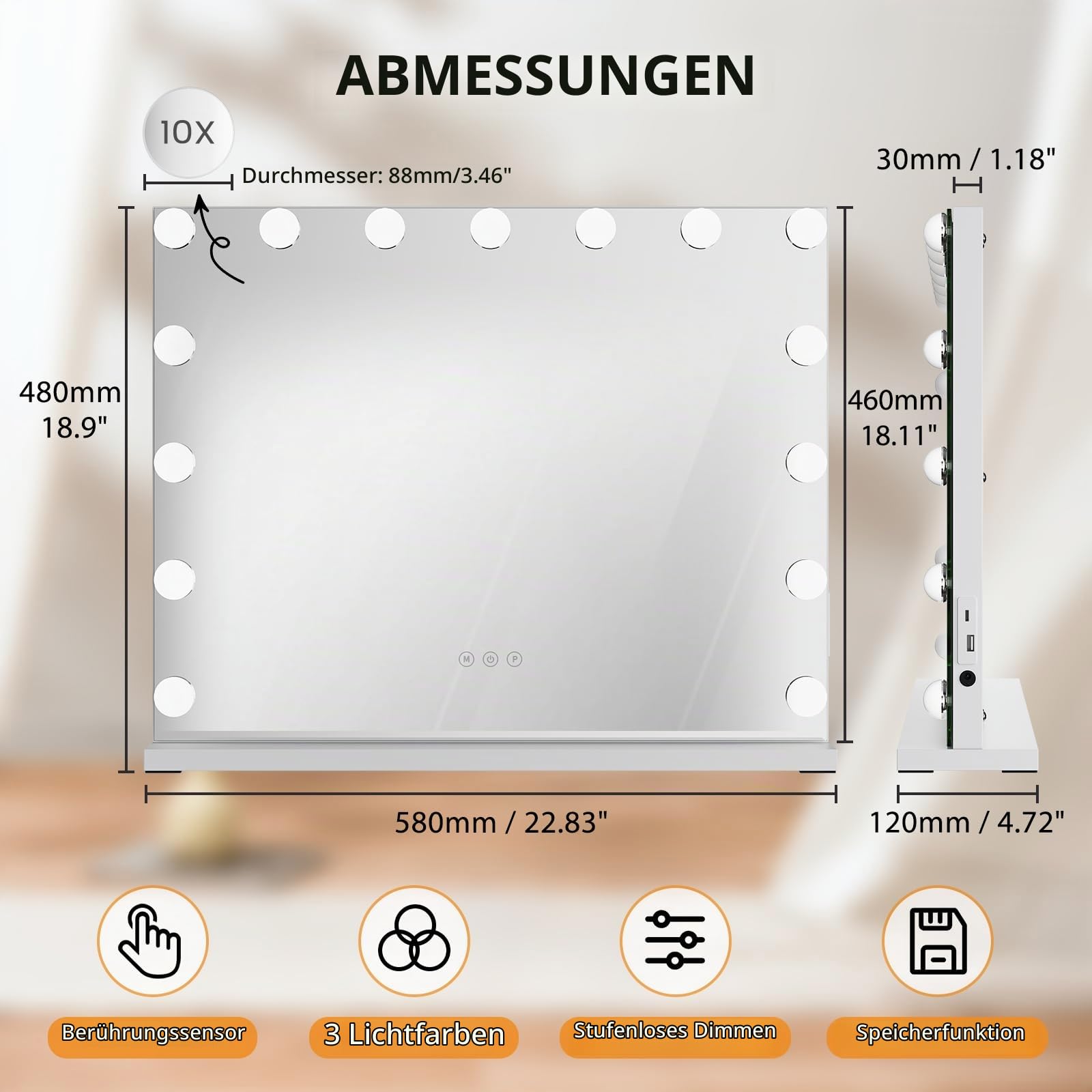 Hollywood Spiegel mit Beleuchtung 15LED, USB-Ladeanschluss | Schminkspiegel mit Beleuchtung 58x46CM, Schminktisch Spiegel mit Touch-Schalter, Ideal Geschenk für Sie
