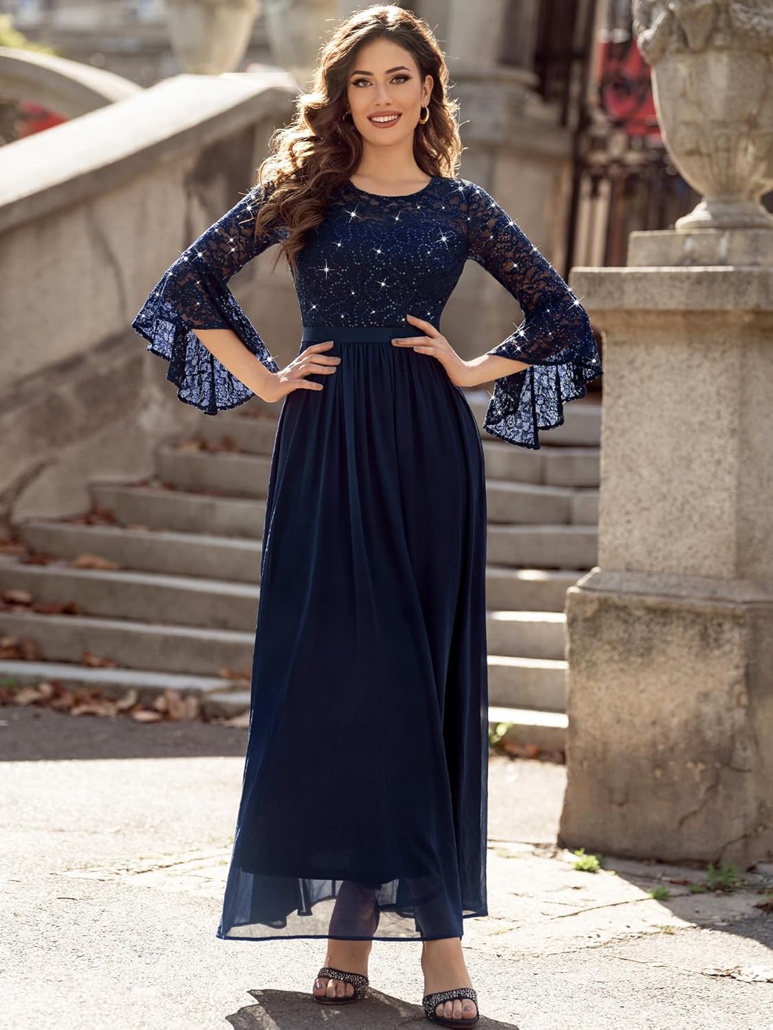 Miusol Women's Formal Sparkle Sequin Lace Bell Sleeve Evening Party Maxi Dress - Image 3