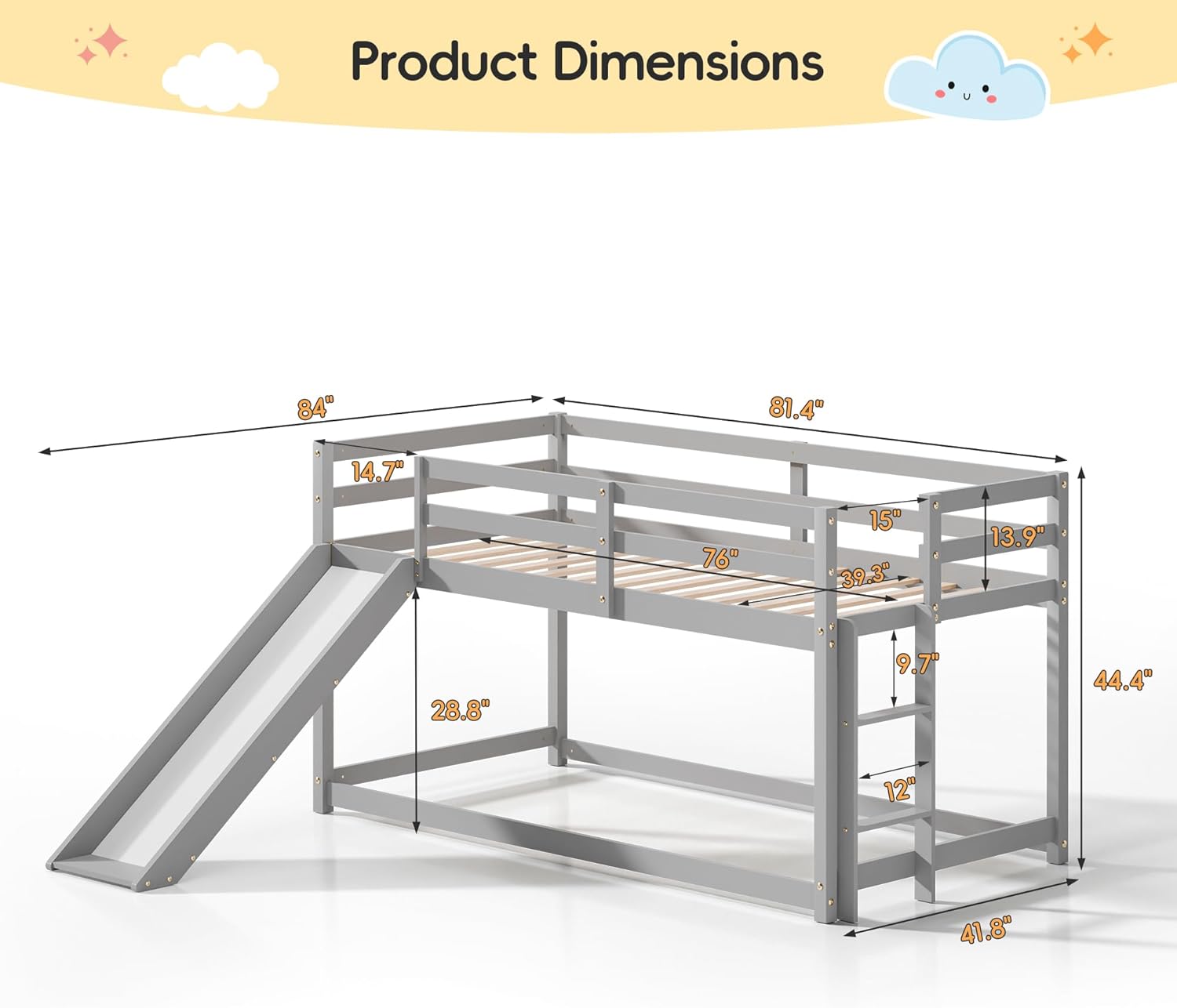 Kids Twin Loft Bed with Slide and Ladder, Solid Pine Wood Bunk Bed Frame for Toddlers, Floor Loft Low Bunk Bed Twin Over Twin with Safety Guardrails and Storage Space for Bedroom, Grey