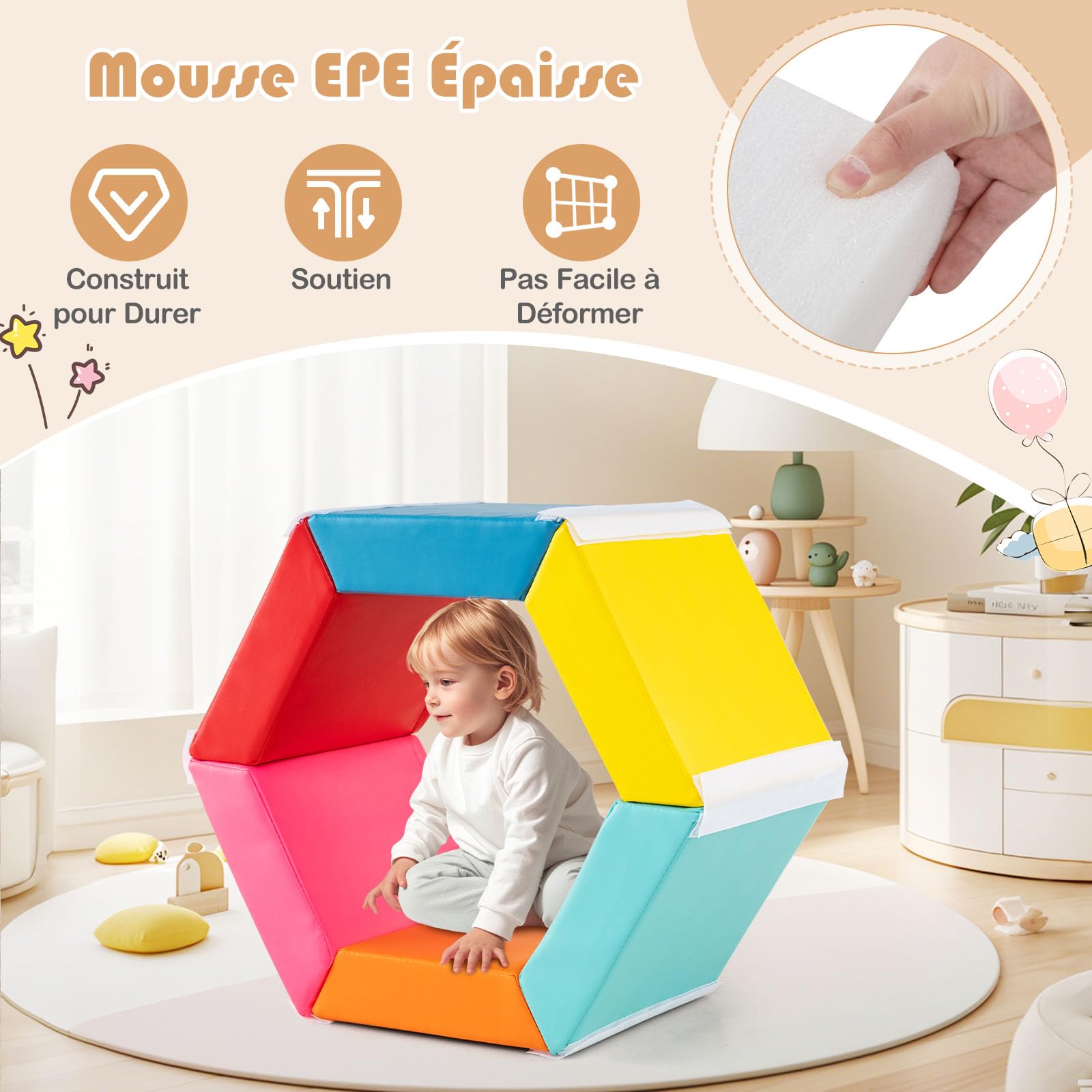COSTWAY 3 en 1 Module Motricité Bébé en Mousse avec Housse en PU, Parcours Motricité Bébé 6 Pièces avec Attaches Auto-Agrippantes, Fosse à Balles Hexagonale pour Ramper Grimper, 12 Mois+
