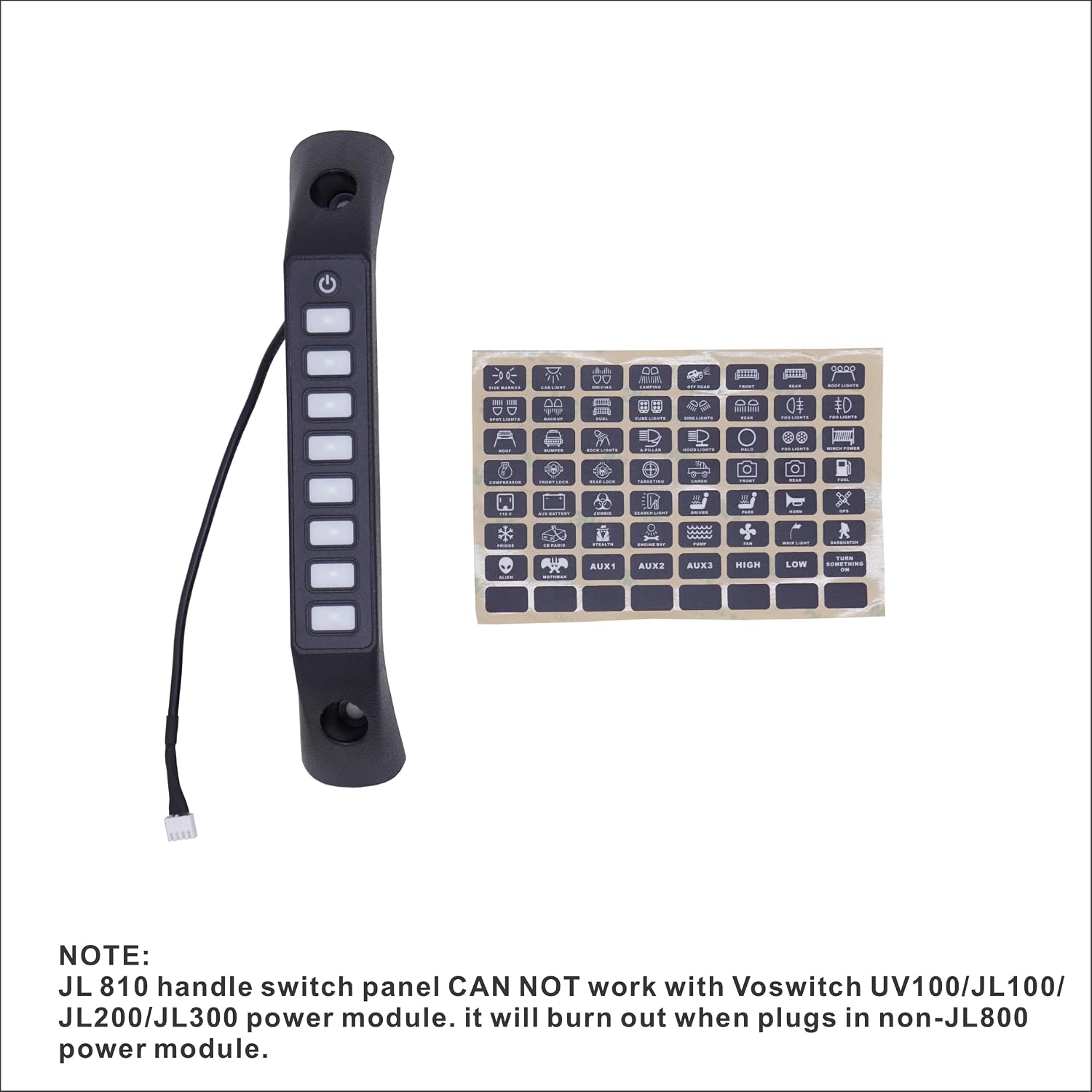 Voswitch JL810 Grab Handle 8-Switch Panel System for Jeep Wrangler JL & Gladiator 2024+, Patented A-Pillar Mount, 100A Power Distribution, RGB Backlight, Master Mode & Flash Strobe