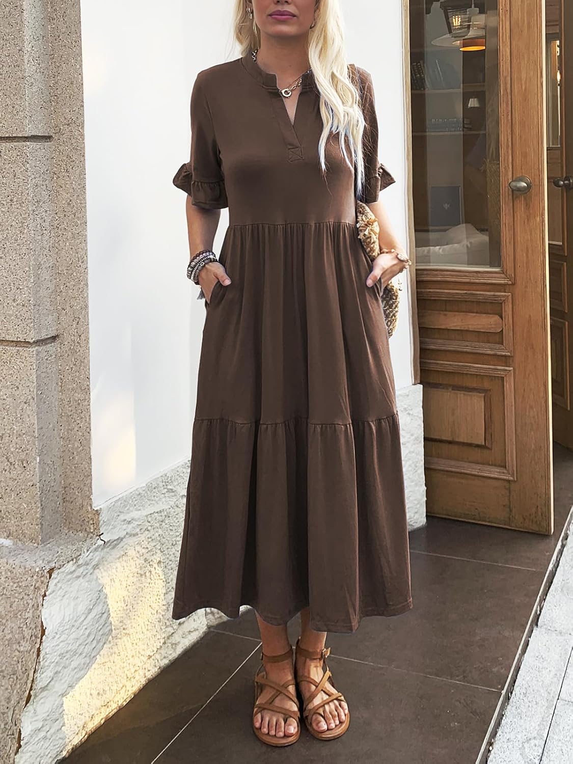 Short Sleeves Maxi Dress for Women A Line Summer Dress V Neck Casual Loose Tiered Long Dresses with Pockets - Image 3