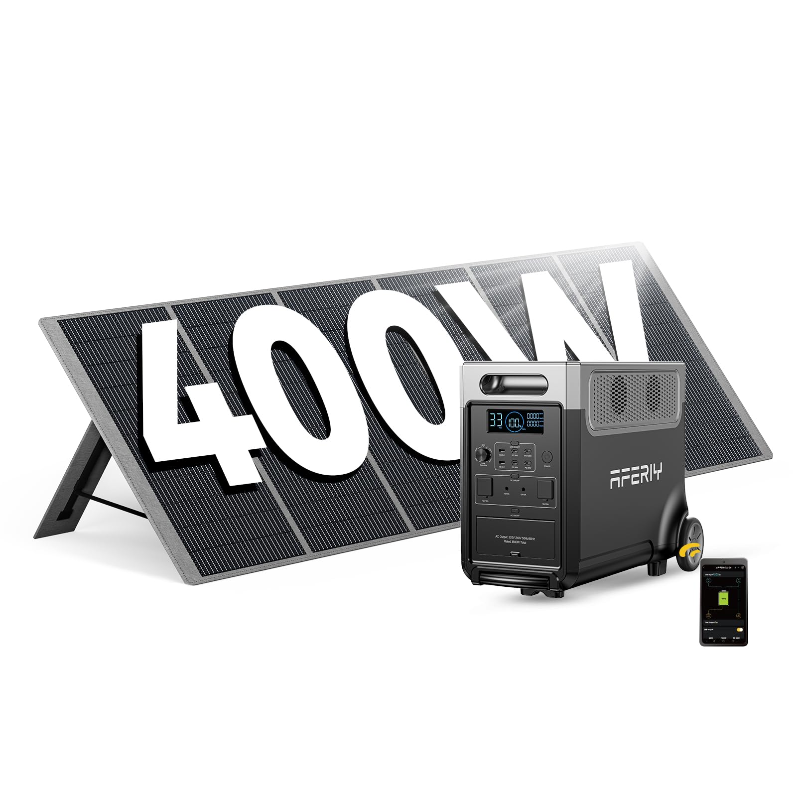 AFERIY Générateur Solaire 3600W avec Panneau Solaire Portable 400W, Batterie LiFePO4 Portable 3840Wh, 220V-240V, Panneau Solaire Pliable 400W avec USB, IP65, pour Camping, Voyage, Pannes de Courant