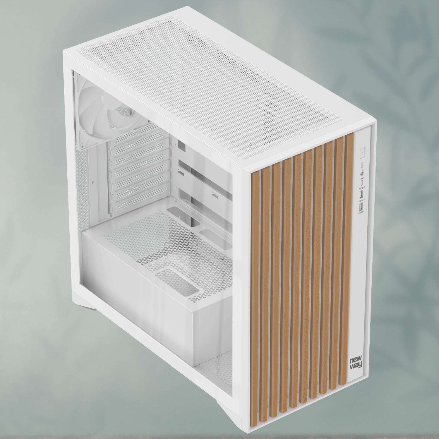 NEWWAY – NW1 – Caja para PC Frontal de Madera – Media Torre Compatible con ATX/Micro-ATX/ITX – Tipo C USB – Ventiladores incluidos 3 x 140 mm PWM – Panel Lateral de Cristal Templado