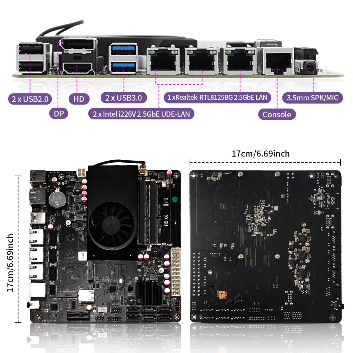 NAS Motherboard J6413 Processor Low Power, UHD Graphics, Firewall Mini-ITX NAS Board, 2 x i226V 2.5GbE LAN, Dual M.2 2280 NVMe Slot, USB3.0, Barebone NO RAM NO SSD
