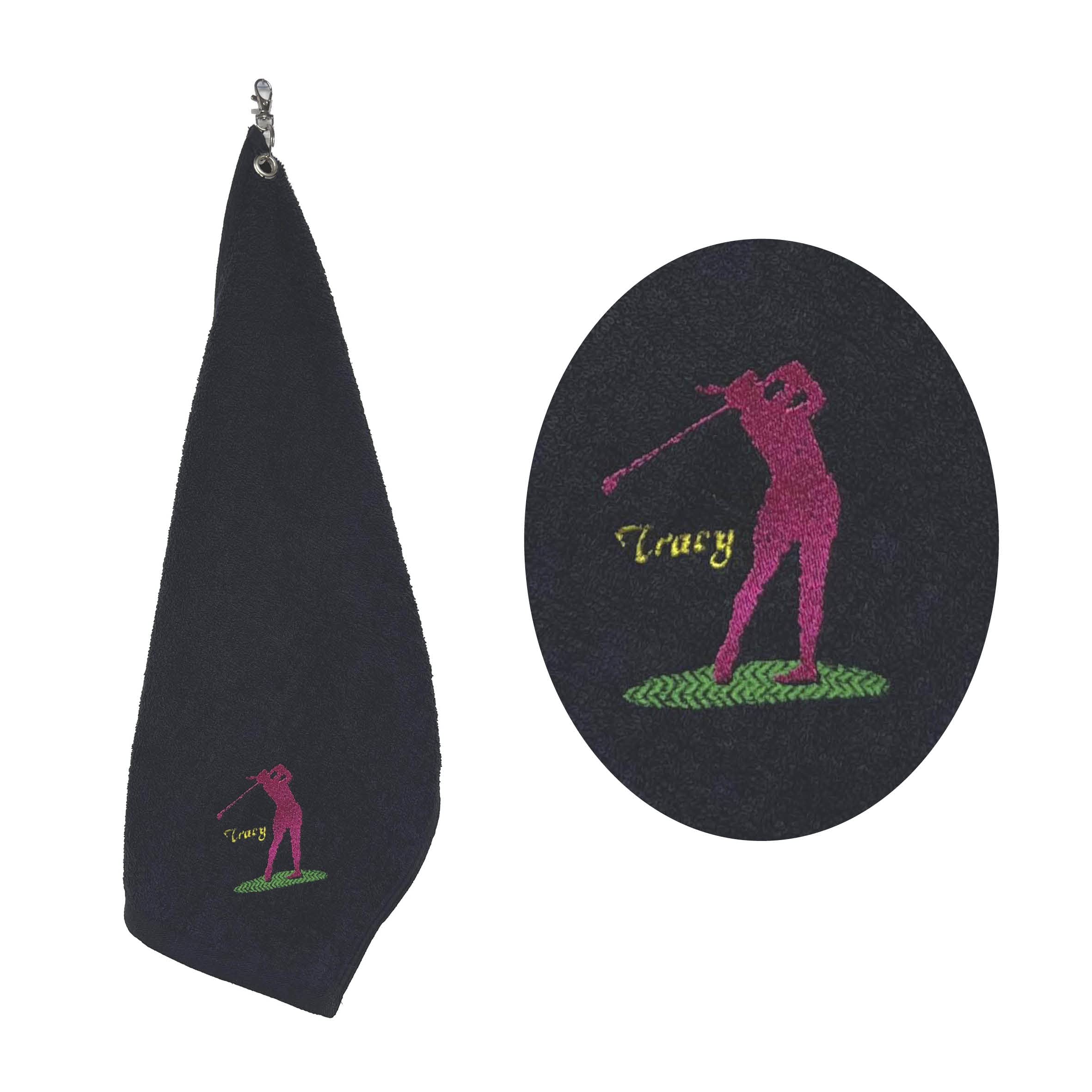 CYDPrinting Personalised Golf Towel Sports Towel NAVY Embroidered 6 Different Designs (Pink Golfer)