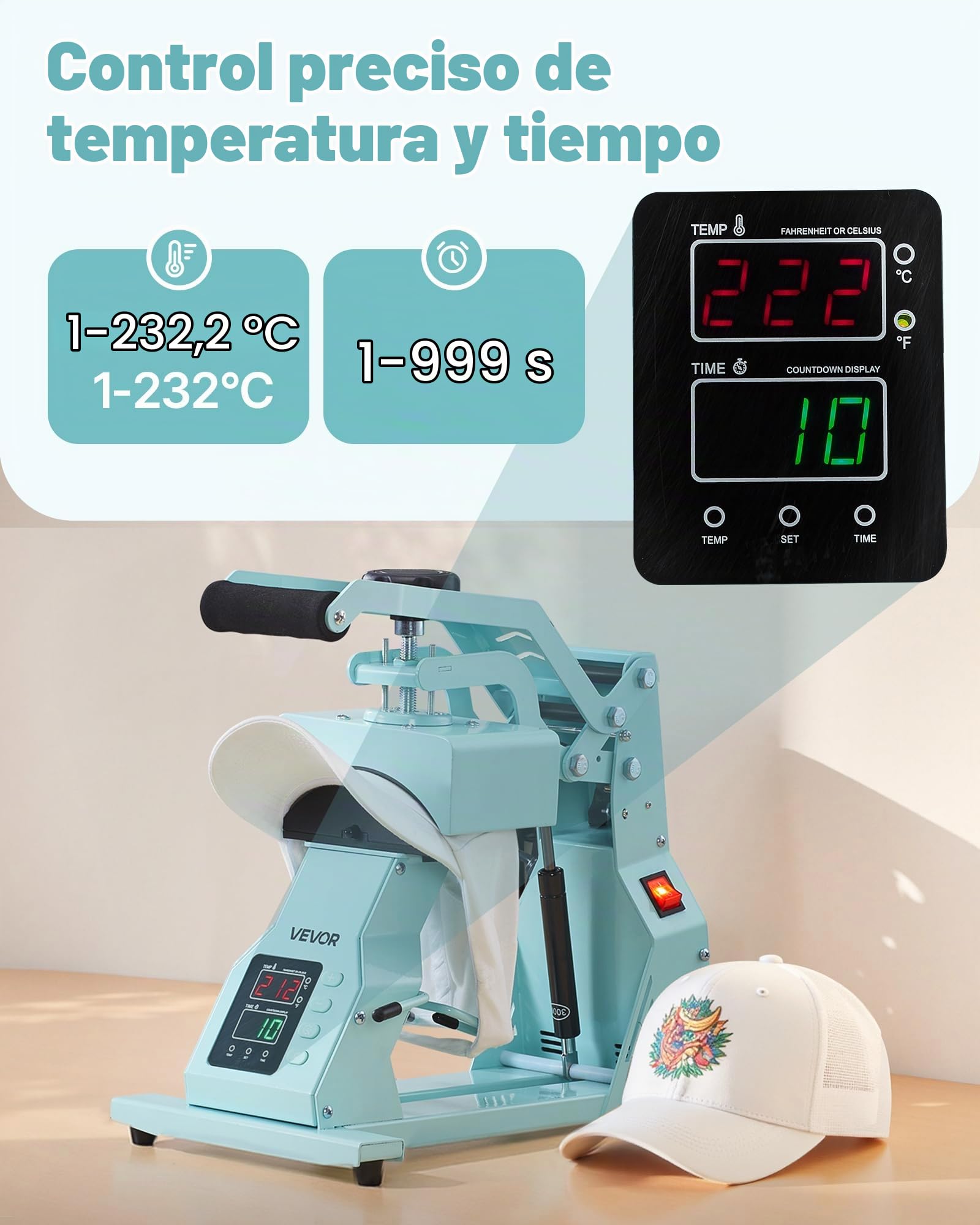 VEVOR Máquina de Prensado Térmico, Prensa de Transferencia Térmica con 2 Platinas Intercambiables, Control Preciso de Tiempo y Temperatura, Máquina de Sublimación HTV para Gorras, Diademas, Verde