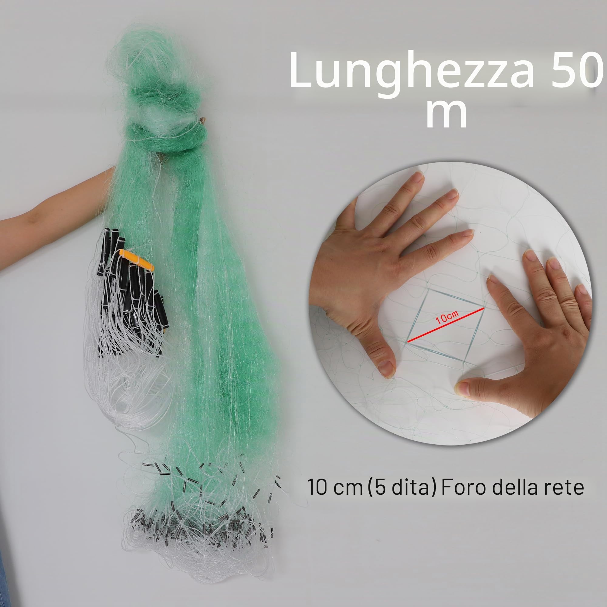Rete da pesca a 3 strati, rete da pesca in nylon, lunghezza 50 metri, altezza 2 metri, con galleggianti e lavandini, trappola per esche pieghevole