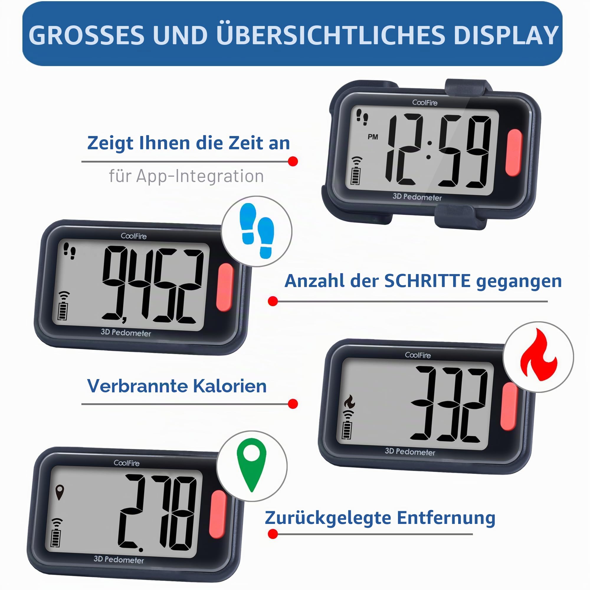 CoolFire - Clip-On 3D Schrittzähler Schrittzähler für Schritte, Meilen & Kalorien | Funktioniert allein oder mit optionaler App | Genauer Indoor- & Outdoor-Fitness-Tracker für Männer, Frauen, Senioren
