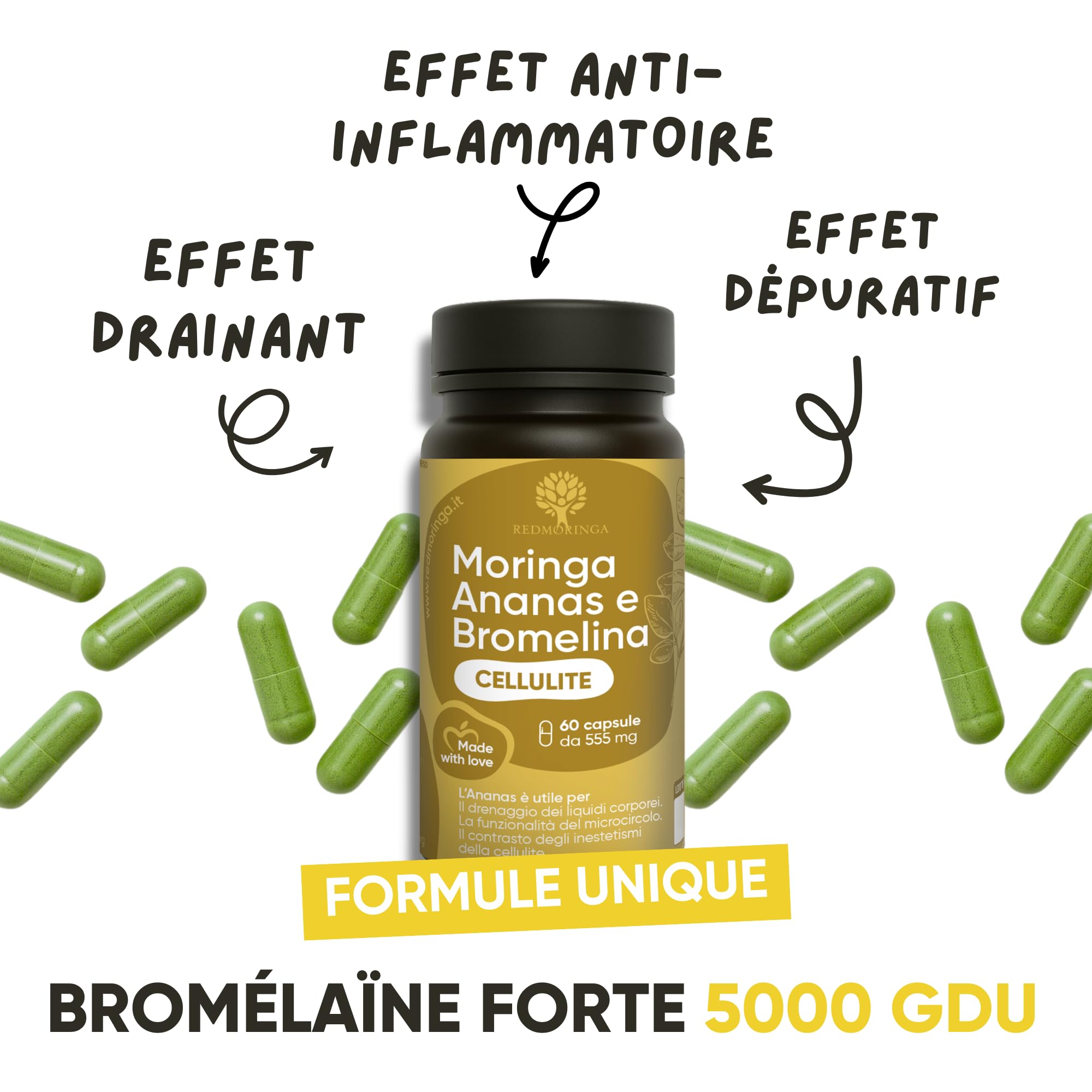 Anti Cellulite puissant avec Bromélaïne 5000 GDU | Complément Drainant 100% Naturel - Contraste les Imperfections de la Cellulite et Rétention d'Eau - Ananas et Moringa BIO RedMoringa (60 Gélules)