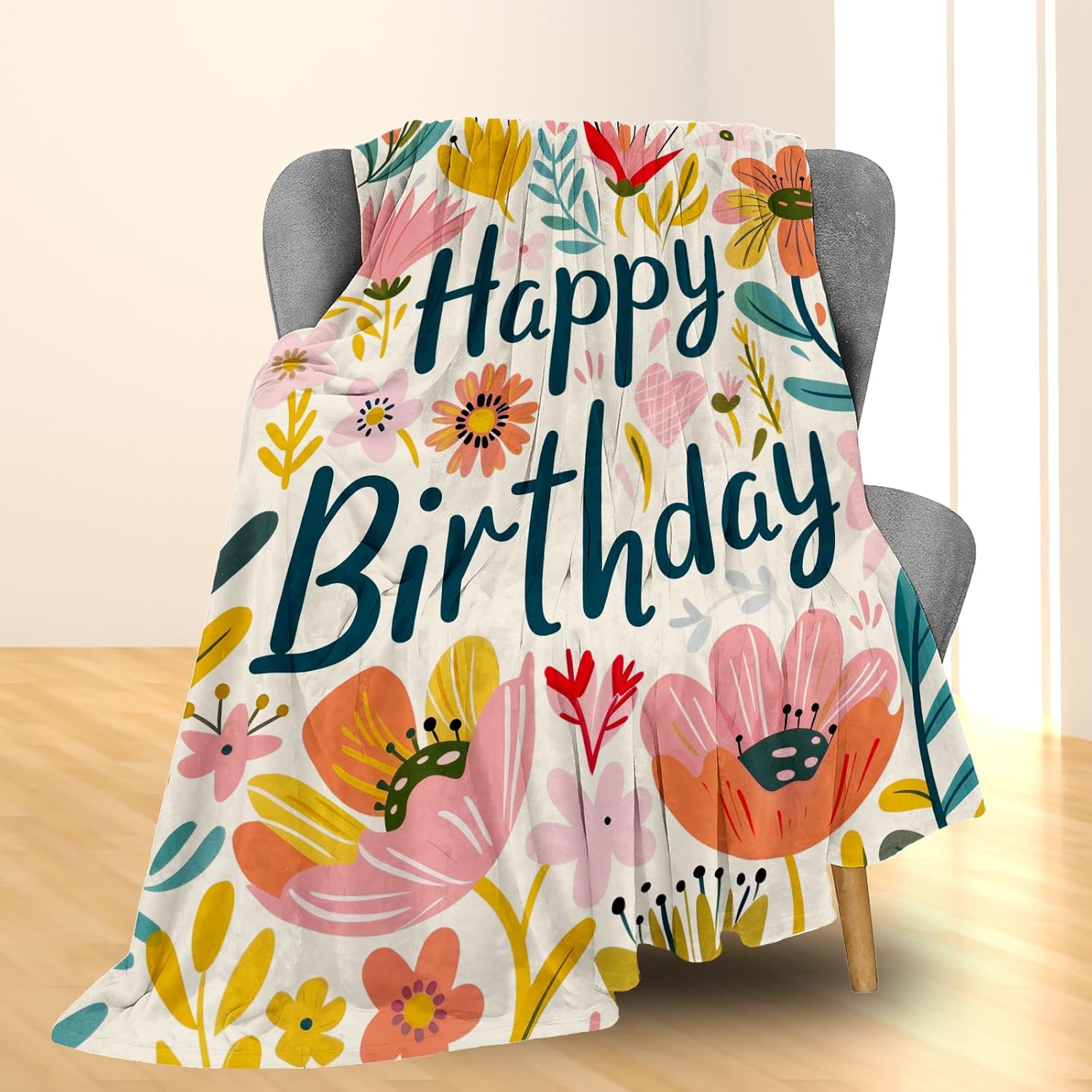 Happy Birthday Blanket, Soft Fuzzy Warm Lightweight Flannel Throw Blanket with Flowers, Ideal for Couch, Bed, Decor, Travel & Outdoor Use, for Women Girls 80×60 in - Image 2