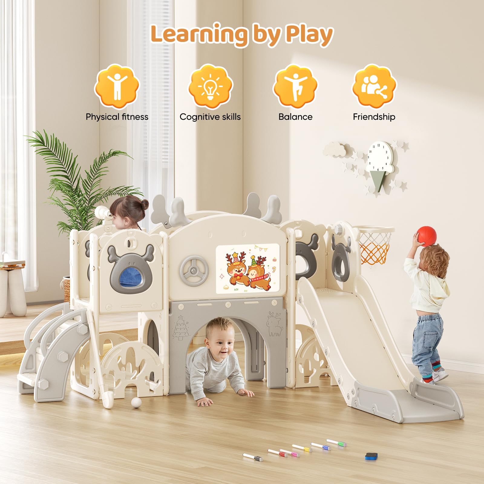 Kinderrutsche mit Basketballring, Elch-Themenrutsche für Kinder, Spielplatz für drinnen und draußen, unabhängiges Kletterspielset mit Rutsche für Babys (Beige Grau-7-in-1)