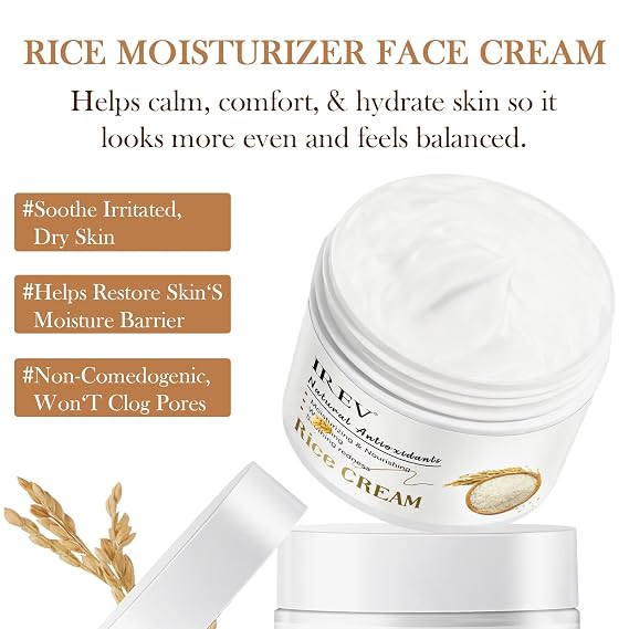 IREV Rice Moisturizing Cream, Hydrating Face Moisturizer For Dry, Combination Skin, Daily Face Cream, Targets Dryness, Strengthens Skin Barrier, Lightweight, Fast Absorbing 1.76oz 50g
