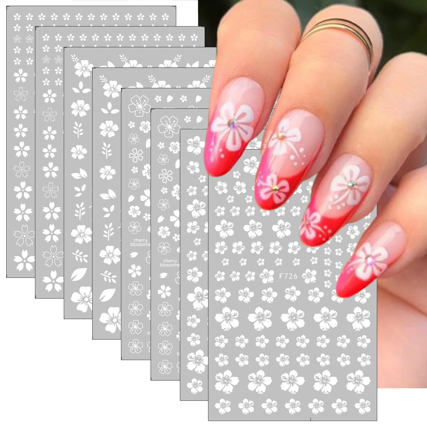 8Sheets Flower Nail Stickers Cute White Cherry Blossoms Nail Decals 3D Self-Adhesive Floral Nail Art Design Decoration Floral Nail Art Stickers Hollow