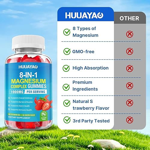 Miniatura 6 de Gomitas de complejo de magnesio para mujeres y hombres 8 en 1, glicinato de magnesio, citrato, malato, taurato, para huesos, músculo, salud