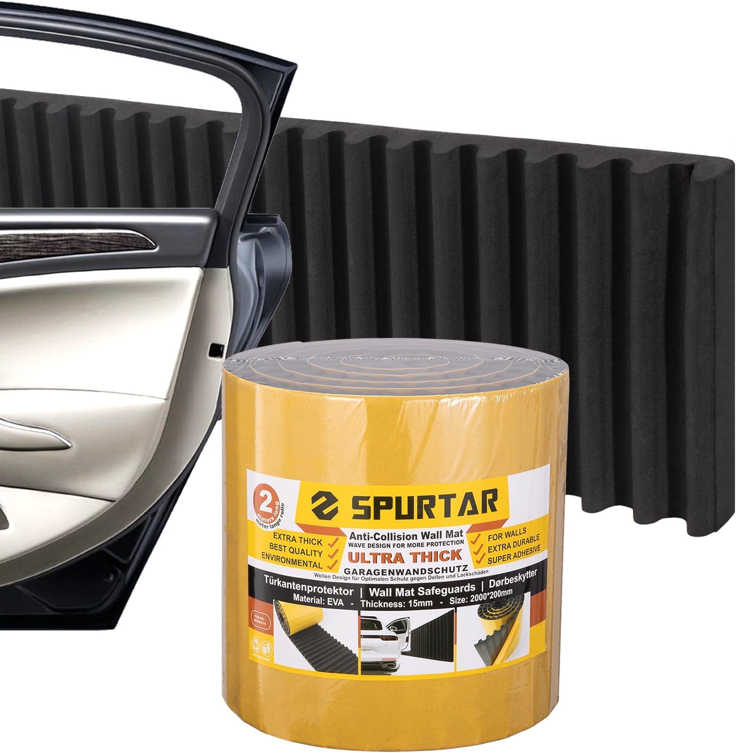 Spurtar Garage Wall Protector Car Door Protector Self Adhesive Car Door Guard Extra Thick Anti-collision Wall Bumper Wavy Mat German Design Black 79 x 8 x 5/8 Inch