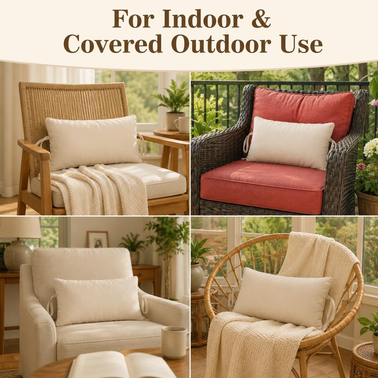 Tie-On Lumbar Pillow for Rocking Chair, Soft Replacement Back Support Cushion with Straps for Rattan Chair, Patio Chair, Papasan Chair and Lounge Chair, White