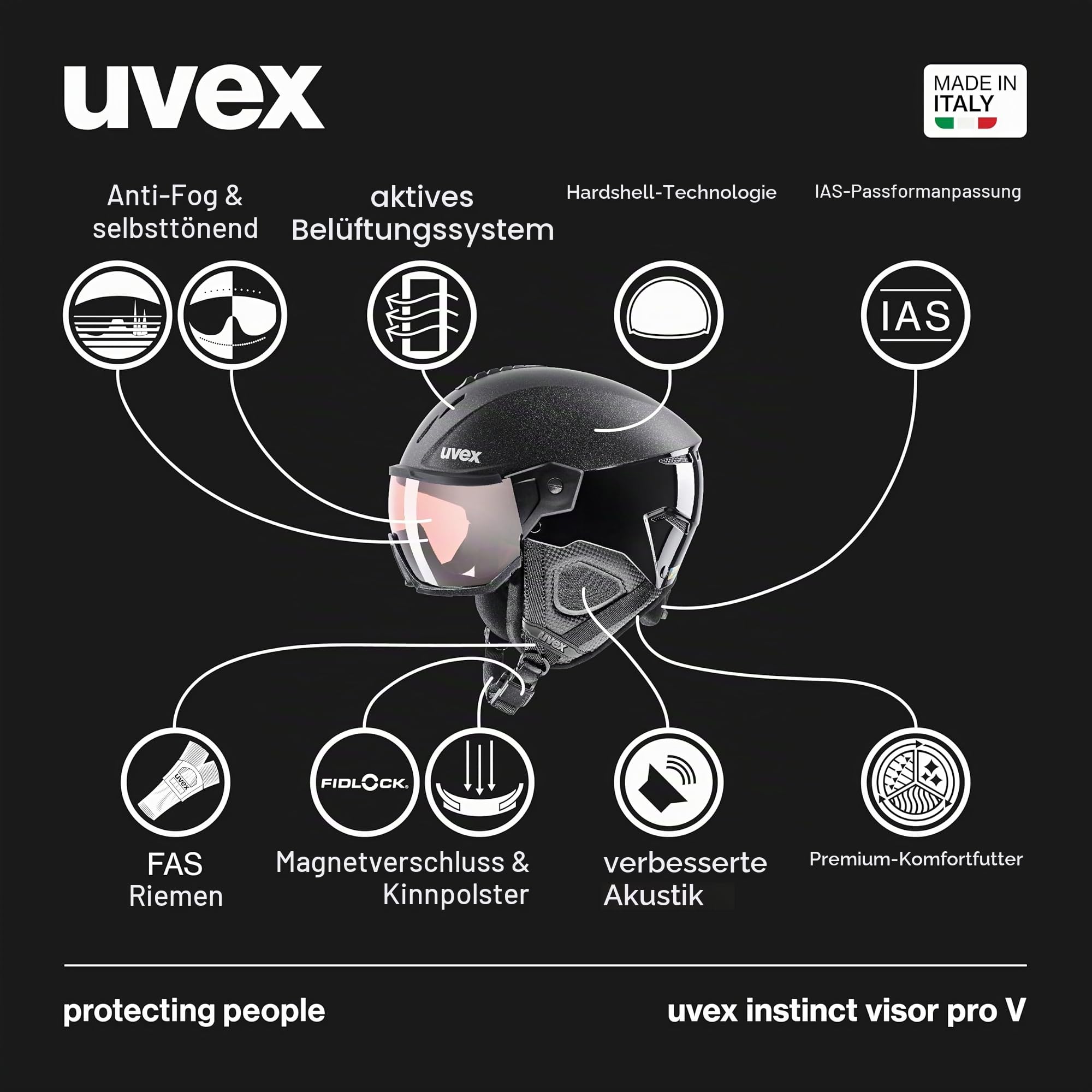 uvex Instinct Visor pro V Skihelm für Erwachsene, Männer Frauen Unisex, Variomatic Visier, Selbsttönend, Black matt 60-62
