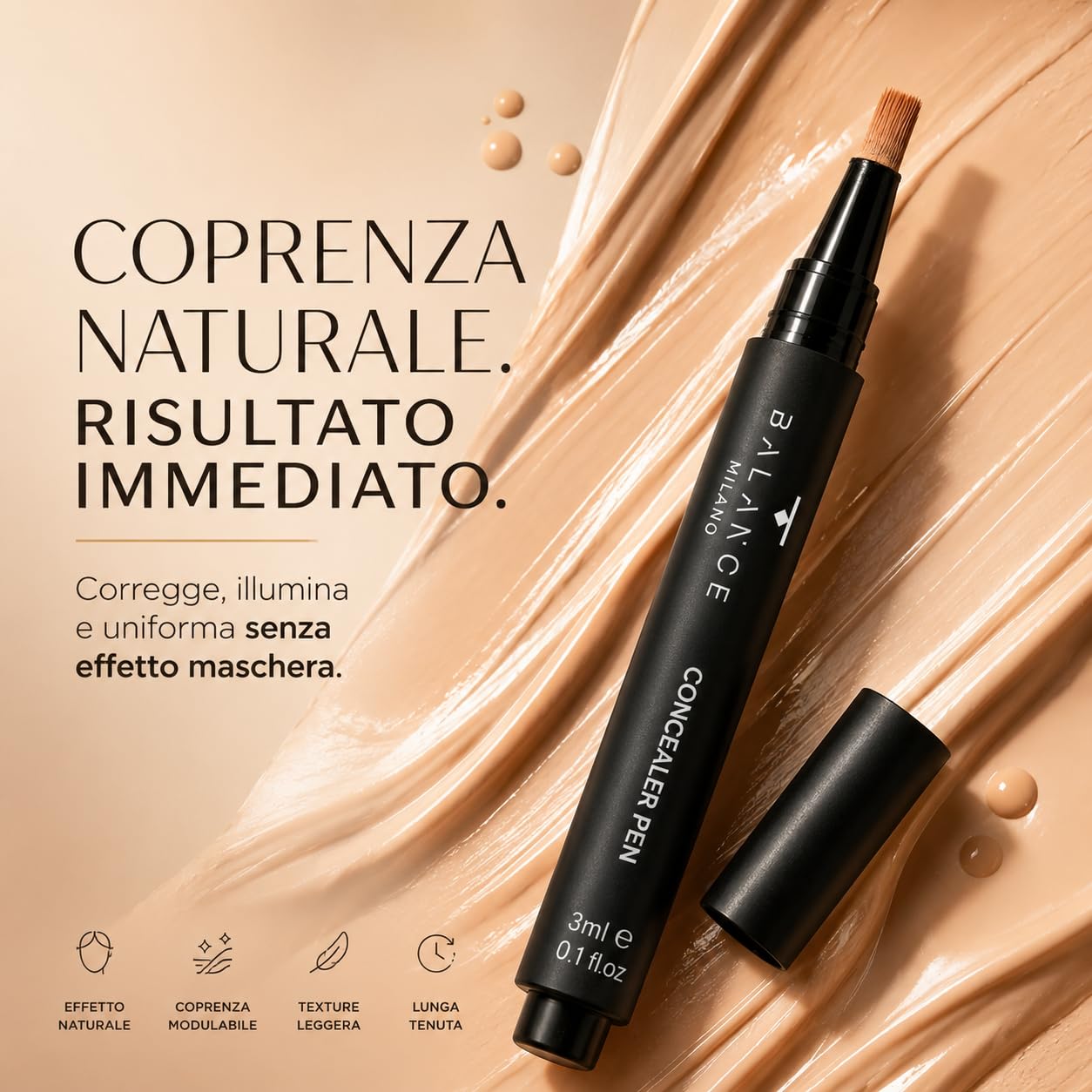 BALANCE MILANO 3ml Correttore Occhiaie Made in Italy - Fluido Levigante - Correttore Idratante e Coprente - Finish Naturale Luminoso Effetto Seconda Pelle - Vegan Silicon Free - Make Up (Beige Scuro)
