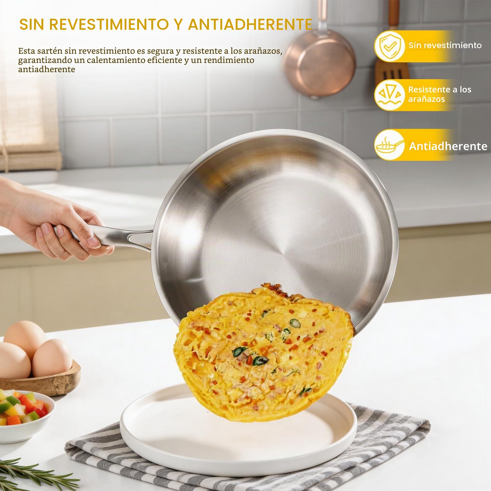 Sartén Acero Inoxidable 30cm con Tapa,Triple Capa,Mango Frío Ergonómico | Inducción, Sin Antiadherente Sin Tóxicos,Horno 400°C